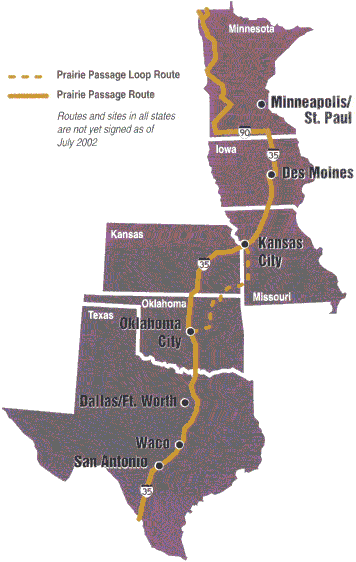 Map of Prairie Passage showing how the route travels near I-35 from the Mexican border through Texas, Oklahoma,  Kansas, Missouri, and, Iowa. The route then travels near I-90 in Minnesota, heading  to the western edge of the state and then up to the northern border in a somewhat zig-zag pattern.